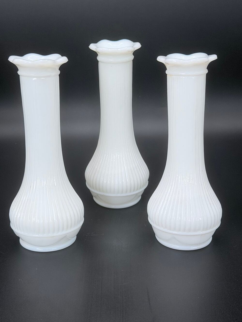 Set of 3 Vintage Carr-Lowrey CLG Co White Milk Glass Ribbed Bud Vases 6.5"